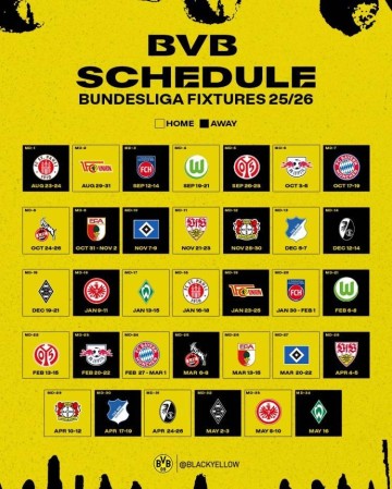 多特新赛季德甲赛程:首轮客战圣保利,10月中旬对阵拜仁