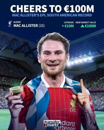 德转英超南美球员历史身价：麦卡1亿欧第一，阿利森9000万欧第二