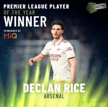 阿森纳赖斯荣获英超最佳球员，阿尔特塔获最佳主帅称号。