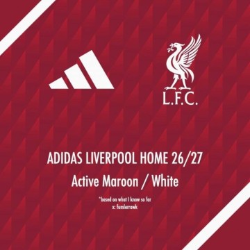 利物浦26-27赛季主场球衣谍照：采用深红色调+白色细节装饰